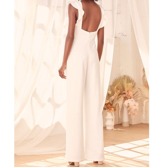 Lulus NWT Feel Your Love White Ruffled Wide-Leg Stretchy Crepe Jumpsuit Small - Picture 5 of 10